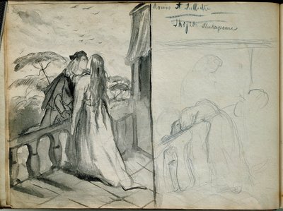 恋人たち ロミオとジュリエット ウィリアム・シェイクスピア（1564-1616）の同名作品のイラストで、バルコニーでキスをする恋人たちを表現しています。テオドール・シャセリウ（1819-1856）によるスケッチ。ルーヴル美術館 作： Théodore Chassériau