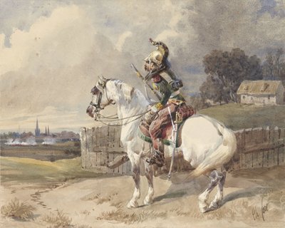白い馬に乗ったフランスの竜騎兵、左向き、横顔 作： Théodore Fort (signed by artist)