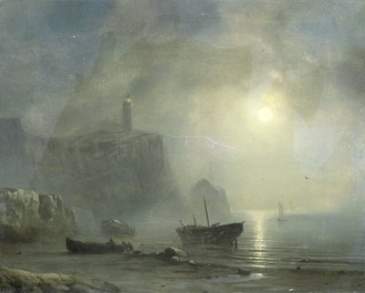 月光による岩の多い海岸の眺め 作： Théodore Gudin (attributed to)