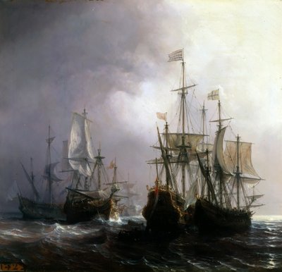 1711年にフランスの船Fidèle、Mutine、Jupiterがオランダの3隻の商業船を捕獲 作： Jean Antoine Theodore Gudin