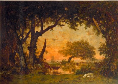フォンテーヌブローの森の出口、夕日（油彩・キャンバス 作： Pierre Etienne Theodore Rousseau