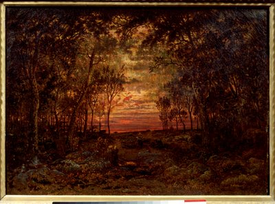 森の中の夕日 テオドール・ルソー（1812-1867）の絵画 19世紀のバルビゾン派。薄暗い。0.46x0.62m。キャンバスに油彩。 作： Pierre Etienne Theodore Rousseau