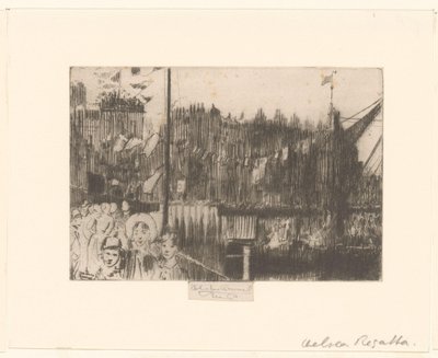 旗で飾られた堤防の人物像のある街並み チェルシー レガッタ 作： Théodore Roussel (signed by artist)
