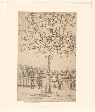 川沿いのフェンスに立つ6人の人物、手前の木 チェルシー堤防、1889 年 6 月 5 日午後 作： Théodore Roussel (signed by artist)