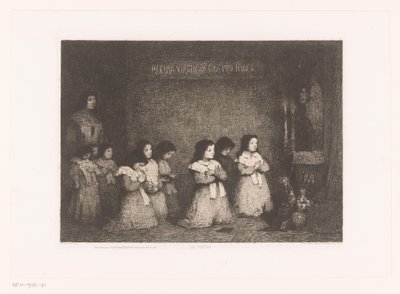 聖母マリア像の前で祈る少女たちのグループ La Prière (オブジェクトのタイトル) Eaux-Fortes Modernes: Originales et Inédites (シリーズタイトル) 作： Théodule Augustin Ribot