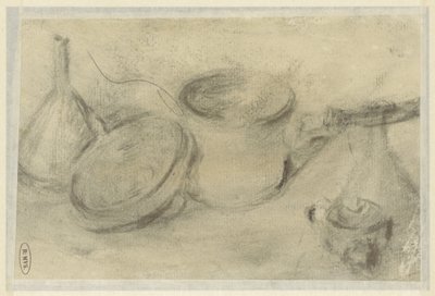 鍋と瓶の静物のスケッチ 作： Théodule Augustin Ribot
