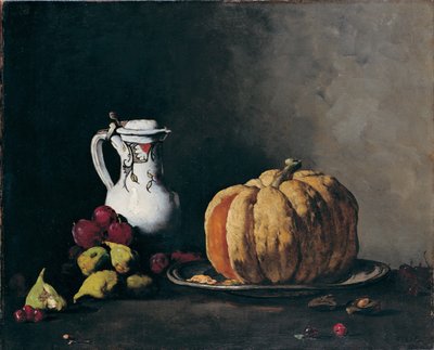 カボチャ、プラム、チェリー、イチジク、水差しのある静物、1860年頃 作： Théodule Augustin Ribot