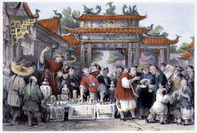 ジョージ・ニューナム・ライト（c.1790-1877）の「一連の風景の中の中国」から「天聖の旅医」1843年（カラー彫刻）。 作： Thomas (after) Allom