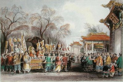 春の出会い」の儀式、1850年頃（カラーリトグラフ） 作： Thomas (after) Allom