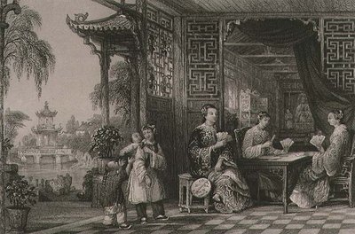 ジョージ・ニューナム・ライト（c.1790-1877）の「一連の風景の中の中国」より「カードをする北京人家族の女性たち」1843年（エングレーヴィング 作： Thomas (after) Allom