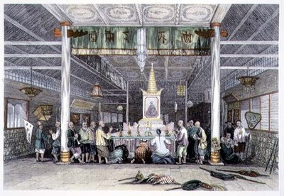 George Newenham Wright (c.1790-1877) 1843年の「China in a Series of Views」より「Canton, Buddha Temple」（彩色された彫刻版 作： Thomas (after) Allom