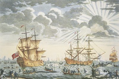 グリーンランドの鯨漁」E.カーコールの彫刻、1720年頃（カラーリトグラフ 作： Thomas (after) Baston