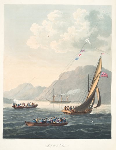 ボートレース（『The Aeropleustic Art, or Navigation in the Air, by the Use of Kite, or Buoyant Sails, pub.1827年（手彩色アクアチント）。 作： Thomas (after) Butterworth