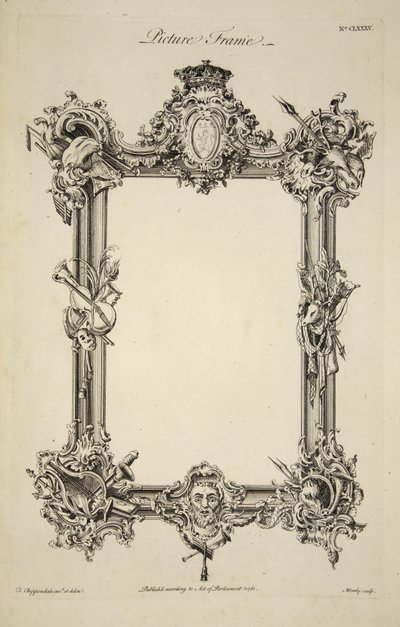 額縁のデザイン、パブ。1761年に出版されたもので、彫刻です。 作： Thomas (after) Chippendale