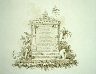 オリエンタル・シーナリー」の扉絵。トーマス・ダニエル（1749-1840）とウィリアム・ダニエル（1769-1837）が彫刻した「東洋の風景：ヒンドゥースタンの24の風景」の扉。 作： Thomas (after) Daniell