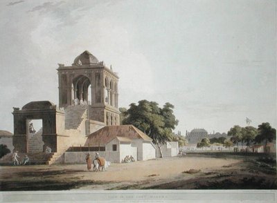 マドゥーラの砦の眺め、「Oriental Scenery（東洋の風景）」のプレート40。Thomas and William (1769-1837) Daniellが彫刻し、1797年に出版された「Oriental Scenery: Twenty Four Views in Hindoostan」のプレート40（カラーリトグラフ）。 作： Thomas (after) Daniell