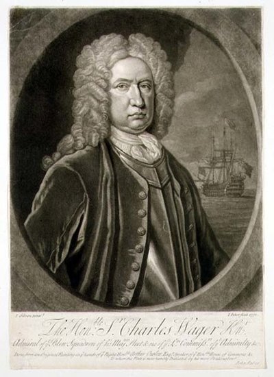 Sir Charles Wager (1666-1743) ブルー・スクワッドロンの提督のポートレート、John Faber (1684-1756) 1732年（エングレービング 作： Thomas (after) Gibson