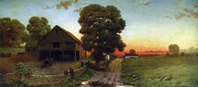 ニューハンプシャーの夕日」、1910 年頃。 トーマス・モラン (1837-1926) にちなんで、英国生まれのアメリカ人アーティスト。 アメリカ合衆国の風景 牧草地 トラック 農場 納屋 カート 木 空 夕方 作： Thomas (after) Moran