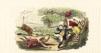 野原で猛牛に襲われた植物学者の家族。 1831年（彫刻） 作： Thomas (after) Rowlandson