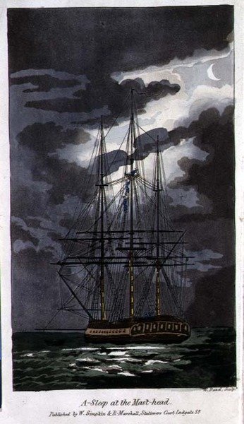 ジョン・ミットフォード（1782-1831）の「海軍におけるジョニー・ニューカムの冒険」から、W.リードが彫ったプレート「マストヘッドで眠っている」。 作： Thomas (after) Rowlandson