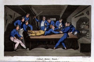 Cobbed - Watch!ジョン・ミットフォード（1782-1831）の「海軍におけるジョニー・ニューカムの冒険」から、W・リードが彫った「Watch! 作： Thomas (after) Rowlandson