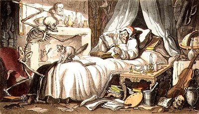 ルドルフ・アッカーマン（1764-1834）が出版した「イギリスの死の舞踏」から、1814年にアクアチントで描かれた「なめこ、ついに、死の矢を自分のキャビネットに入れようとする」。 作： Thomas (after) Rowlandson
