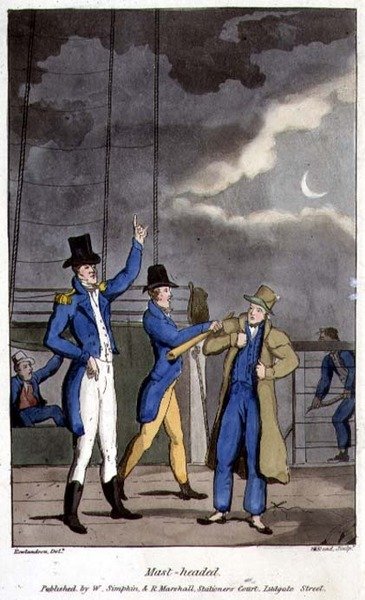 ジョン・ミットフォード（1782-1831）の「海軍におけるジョニー・ニューカムの冒険」から、W・リードが彫刻したプレート「マスト・ヘッド」。 作： Thomas (after) Rowlandson
