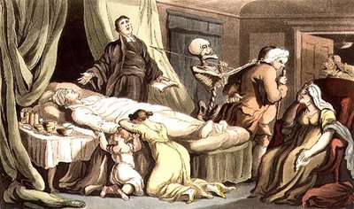 「美徳の目にとても祝福されたシーンはない/美徳の男が死ぬときのように」、「English Dance of Death」パブから。 ルドルフ・アッカーマン (1764-1834) 1814年 (アクアチント) 作： Thomas (after) Rowlandson
