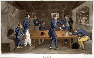 ジョン・ミットフォード（1782-1831）の「海軍におけるジョニー・ニューカムの冒険」から、W.リードによって彫られたプレート「Sea Sick」。 作： Thomas (after) Rowlandson