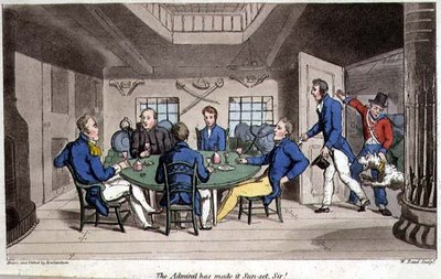 提督が夕日を作ってくれました！ ジョン・ミットフォード（1782-1831）の「海軍におけるジョニー・ニューカムの冒険」からの一枚で、W.リードが彫っています。 作： Thomas (after) Rowlandson