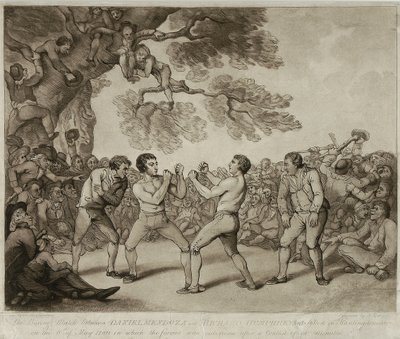 1789年5月6日、ハンティンドンシャー州スティルトンで行われたダニエル・メンドーサとリチャード・ハンフリーズのボクシング試合、ジョセフ・グローザー(c.1755-99)の手によるもの(エングレーヴィング) 作： Thomas (after) Rowlandson