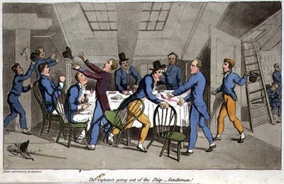 ジョン・ミットフォード（1782-1831）の「海軍におけるジョニー・ニューカムの冒険」から、W・リードが彫刻した「船長の船出」のプレート。 作： Thomas (after) Rowlandson