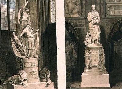 西口のモンタギュー大尉と詩人の角のアディソンへの記念碑、ジェームズ・ホップウッド（1752年頃～1819年）とJ.R.ハンブル（1775年頃～1825年）が彫った「ウェストミンスター寺院」のプレート63、ルドルフ・アッカーマン（1764年～1834年）が1812年に出版したアクアチント。 作： Thomas (after) Uwins