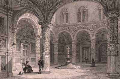 イタリア、トスカーナ、フィレンツェのヴェッキオ宮殿の中庭、ジェームズ・ティングル (1830-1860 年頃) による鉄の彫刻、トーマス・アロム (1804-1872) による描画後、21x15 cm 作： Thomas Allom