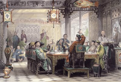 1843年にG.パターソンによって刻まれたジョージニューウェナムライト（c.1790-1877）による「中国の一連の景色」からのマンダリンハウスでのディナーパーティー 作： Thomas Allom