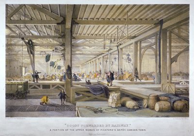 「鉄道で運ばれる商品」、19 世紀 作： Thomas Allom