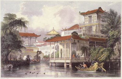 キャントン近郊の中国商人の家。ジョージニューウェナムライト（c.1790-1877）1843の「中国の一連の眺め」から 作： Thomas Allom