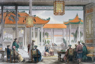 「マンダリン宮殿のコートで演奏する曲芸師」、中国、1843 年 作： Thomas Allom