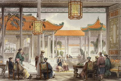 George Newenham Wright（c.1790-1877）1843の「中国の一連の眺めの中の中国」から、マンダリンの宮殿の裁判所に展示された曲芸人 作： Thomas Allom