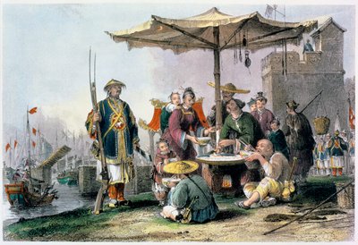 「トンチャントゥーの軍事基地の米売り」、中国、1843 作： Thomas Allom