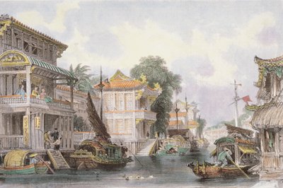 カントン近郊のホーラン運河の風景、1850年頃 作： Thomas Allom