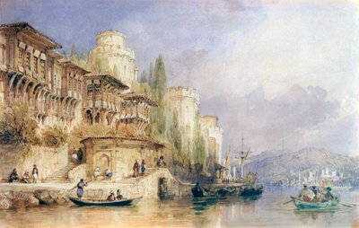 ヨーロッパとアジアの城があるボスポラス海峡、1846年。 作： Thomas Allom