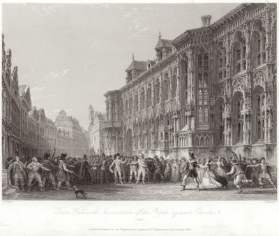 チャールズ5世に対する人々の反乱がある市庁舎 作： Thomas Allom