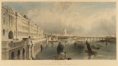サマセット・ハウス・マリン・ビルから見たイギリス、ロンドンの眺め、セント・ポール大聖堂とロンドン橋。リトグラフ 作： Thomas Allom
