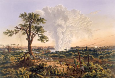 スプラッシュ雲が 1,200 フィート上昇する日の出の滝、パブ。 1865年。 作： Thomas Baines