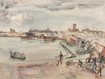 ドックent entrepots（sic）du Port du Calais Bassin Ouest、1944（紙、鉛筆、ペン、インク、ブラシ、トイレ） 作： Thomas Barclay Hennell