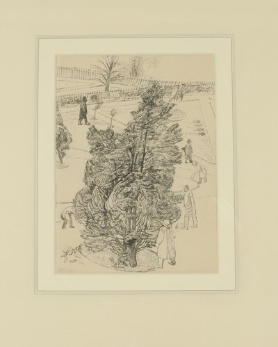 公園の人物たち；「男たちは黙っていたが、木は話していた」。1938年以前の『目撃者』のイラスト（紙にペン＆インク 作： Thomas Barclay Hennell