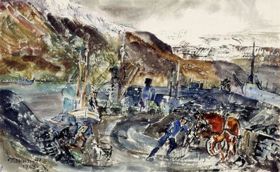 地元の石炭カートとトロール船、アイスランド、セイジスフィヨルズル（紙に水彩） 作： Thomas Barclay Hennell