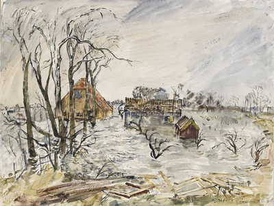 水没したワルチェレン島（オランダ）。トーマス・ヘネル（1903-1945）による絵画、水彩 1944年 作： Thomas Barclay Hennell
