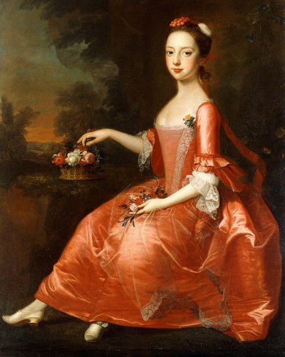 赤いドレスを着たフルレングスの若い女性の肖像画 作： Thomas Bardwell